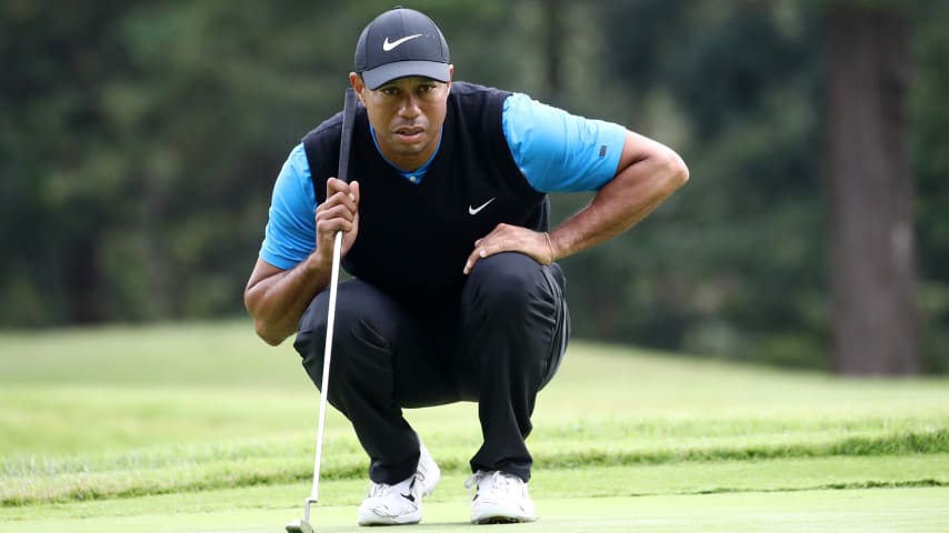 INZAI, JAPAN - OCTOBER 27: Tiger Woods of the United States lines up a putt on the 2nd green during the third round of the Zozo Championship at Accordia Golf Narashino Country Club on October 27, 2019 in Inzai, Chiba, Japan. (Photo by Chung Sung-Jun/Getty Images)