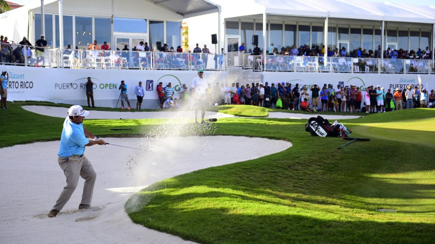 RIO GRANDE, PUERTO RICO - FEBRUARY 24: Johnson Wagner plays a shot from a bunker on the 18th hole during the final round of the Puerto Rico Open at Coco Beach Golf and Country Club on February 24, 2019 in Rio Grande, Puerto Rico. (Photo by Jared C. Tilton/Getty Images)