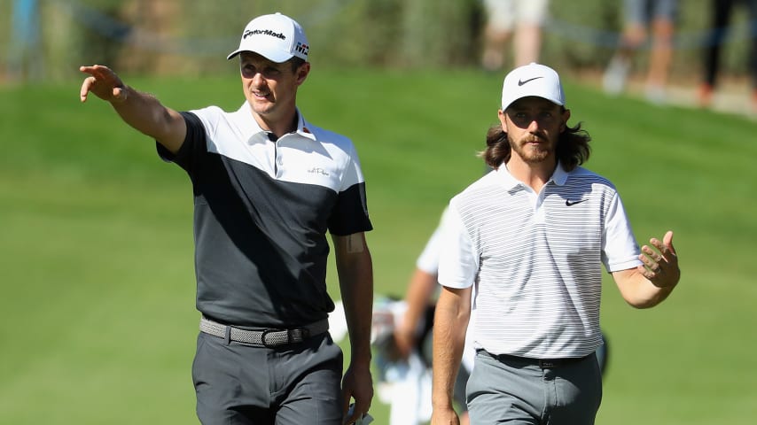 ANTALYA, TURKEY - NOVEMBER 01: Justin Rose and Tommy Fleetwood of England make their way down the fairway during Day One of the Turkish Airlines Open at the Regnum Carya Golf & Spa Resort on November 1, 2018 in Antalya, Turkey. (Photo by Warren Little/Getty Images)