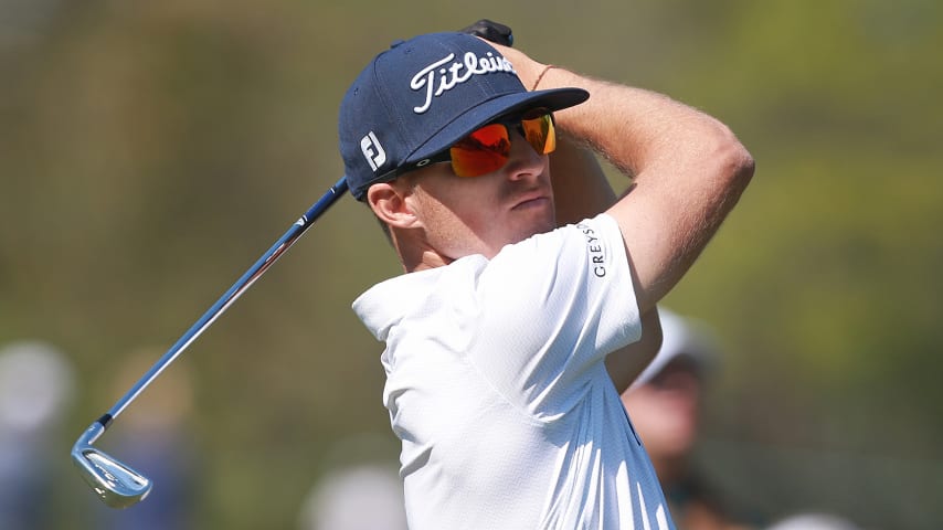 PALM HARBOR, FLORIDA - MARCH 21:  Morgan Hoffmann watches his tee shot on the eighth hole during the first round of the Valspar Championship on the Copperhead course at Innisbrook Golf Resort on March 21, 2019 in Palm Harbor, Florida. (Photo by Matt Sullivan/Getty Images)