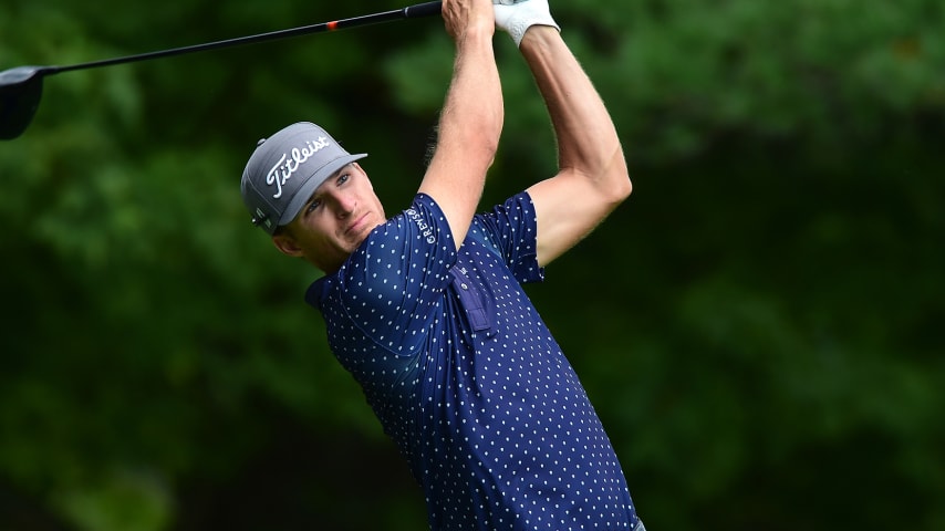 WHITE SULPHUR SPRINGS, WEST VIRGINIA - SEPTEMBER 13: Morgan Hoffmann plays his shot from the sixth tee during the second round of A Military Tribute At The Greenbrier held at the Old White TPC course on September 13, 2019 in White Sulphur Springs, West Virginia. (Photo by Jared C. Tilton/Getty Images)