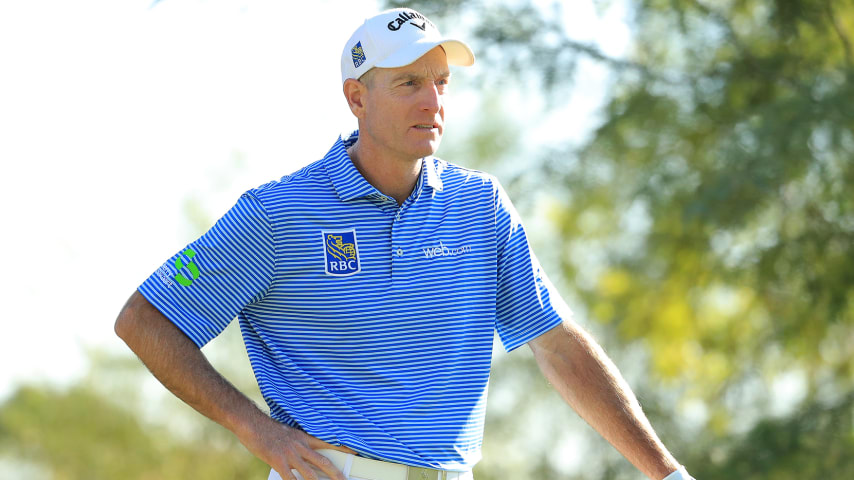 LAS VEGAS, NEVADA - OCTOBER 03: Jim Furyk hits off the fifth tee during the first round of the Shriners Hospitals for Children Open at TPC Summerlin on October 3, 2019 in Las Vegas, Nevada. (Photo by Mike Lawrie/Getty Images)