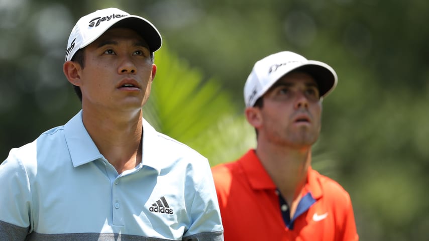 GREENSBORO, NORTH CAROLINA - AUGUST 01: (L-R) Collin Morikawa and Matthew Wolff watch on at the third hole during the first round of the Wyndham Championship at Sedgefield Country Club on August 01, 2019 in Greensboro, North Carolina. (Photo by Streeter Lecka/Getty Images)