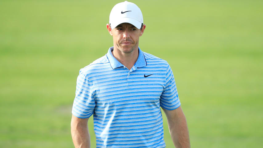 PONTE VEDRA BEACH, FLORIDA - MARCH 10: Rory McIlroy of Northern Ireland on the range during a practice round prior to The PLAYERS Championship on The Stadium Course at TPC Sawgrass on March 10, 2020 in Ponte Vedra Beach, Florida. (Photo by Cliff Hawkins/Getty Images)