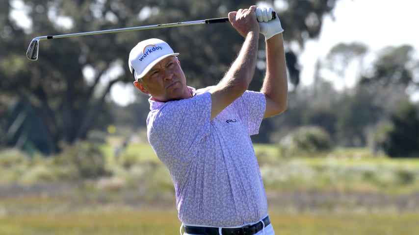 SEA ISLAND, GA - NOVEMBER 21: Davis Love III plays a tee shot on the third hole during the first round of The RSM Classic at Sea Island Resort Seaside Course on November 21, 2019 in Sea Island, Georgia. (Photo by Stan Badz/PGA TOUR via Getty Images)