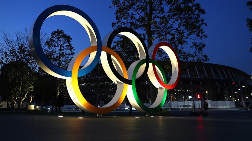TOKYO, JAPAN - JANUARY 21: The Olympic rings are seen outside the  New National Stadium in Tokyo on January 21, 2020 in Tokyo, Japan. (Photo by Clive Rose/Getty Images)