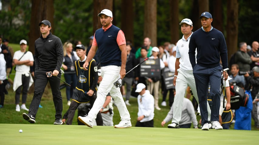 CHIBA, JAPAN - OCTOBER 21: Tiger Woods, Jason Day of Australia, Rory McIlroy of Northern Ireland, and Hideki Matsuyama of Japan walk together onto the green during the MGM Resorts The Challenge: Japan Skins at Accordia Golf Narashino Country Club on October 21, 2019 in Chiba, Japan. (Photo by Ben Jared/PGA TOUR via Getty Images)