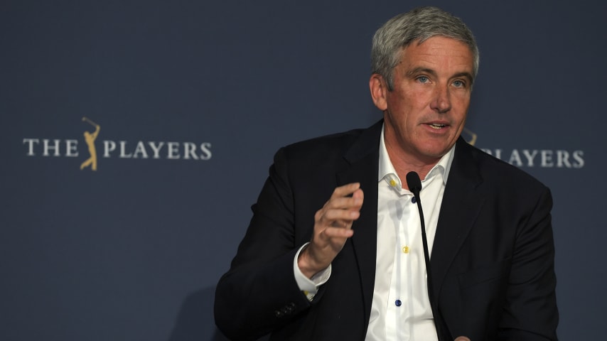 PONTE VEDRA BEACH, FL - MARCH 12: PGA Tour Commissioner Jay Monahan addresses the media regarding the developing Corona Virus pandemic during the first round of THE PLAYERS Championship on THE PLAYERS Stadium Course at TPC Sawgrass on March 12, 2020, in Ponte Vedra Beach, FL. (Photo by Stan Badz/PGA TOUR via Getty Images)