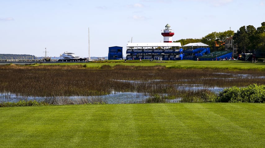 HILTON HEAD ISLAND, SC - APRIL 16:  A general view of the 18th hole during the RBC Heritage Pro-Am at Harbour Town Golf Links on April 16, 2014 in Hilton Head Island, South Carolina.  (Photo by Streeter Lecka/Getty Images)