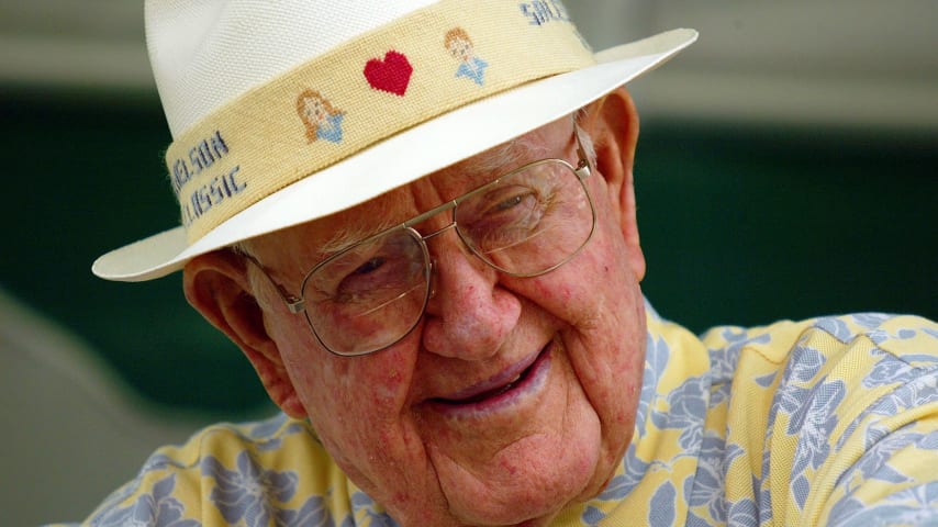 IRVING, TX - MAY 13:  Byron Nelson smiles during the first round of the EDS Byron Nelson Championship on May 13, 2004 at the TPC Las Colinas in Irving, Texas.  (Photo by Ronald Martinez/Getty Images)