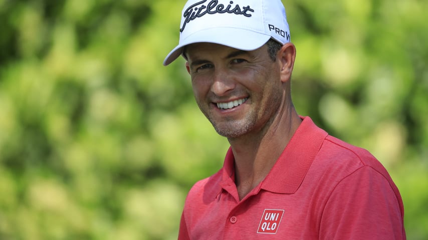 PONTE VEDRA BEACH, FLORIDA - MARCH 12: Adam Scott of Australia look on from the ninth tee during the first round of The PLAYERS Championship on The Stadium Course at TPC Sawgrass on March 12, 2020 in Ponte Vedra Beach, Florida. (Photo by Cliff Hawkins/Getty Images)