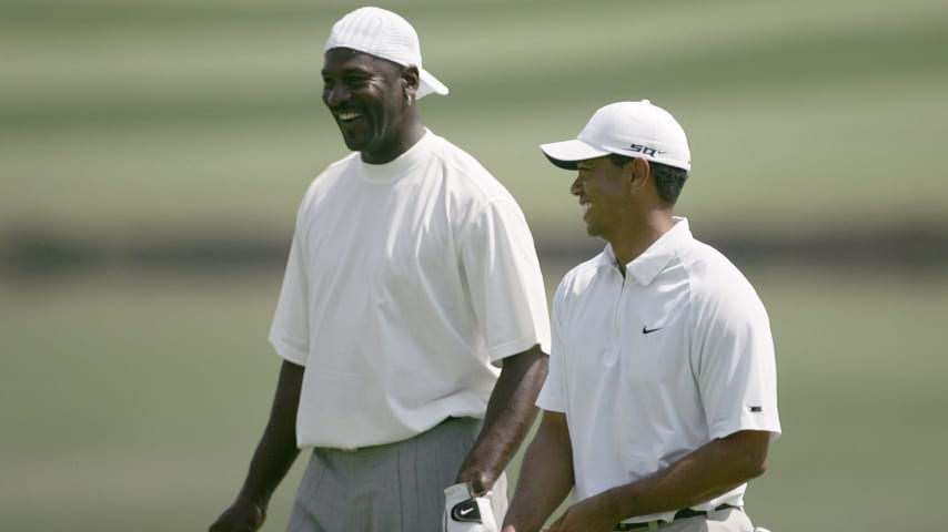 UNITED STATES - MAY 02:  Michael Jordan and Tiger Woods during the Pro-Am prior to the 2007 Wachovia Championship held at Quail Hollow Country Club in Charlotte, North Carolina on May 2, 2007.  (Photo by Sam Greenwood/Getty Images)