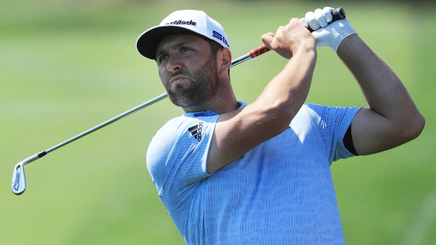 PONTE VEDRA BEACH, FLORIDA - MARCH 12: Jon Rahm of Spain plays a shot on the fourth hole during the first round of The PLAYERS Championship on The Stadium Course at TPC Sawgrass on March 12, 2020 in Ponte Vedra Beach, Florida. (Photo by Matt Sullivan/Getty Images)