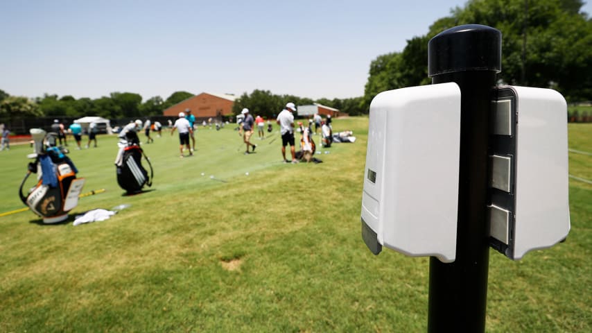 FORT WORTH, TEXAS - JUNE 09:  Hand sanitizer is available for use next to the during a practice round prior to the Charles Schwab Challenge at Colonial Country Club on June 09, 2020 in Fort Worth, Texas. (Photo by Tom Pennington/Getty Images)