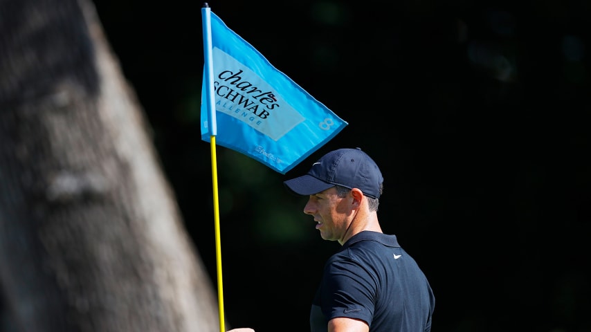 FORT WORTH, TEXAS - JUNE 09: Rory McIlroy of Northern Ireland holds a pin flag during a practice round prior to the Charles Schwab Challenge at Colonial Country Club on June 09, 2020 in Fort Worth, Texas. (Photo by Tom Pennington/Getty Images)