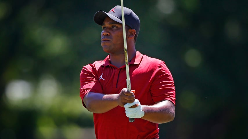 FORT WORTH, TEXAS - JUNE 11: Harold Varner III of the United States plays a shot on the 16th hole during the first round of the Charles Schwab Challenge on June 11, 2020 at Colonial Country Club in Fort Worth, Texas. (Photo by Ronald Martinez/Getty Images)