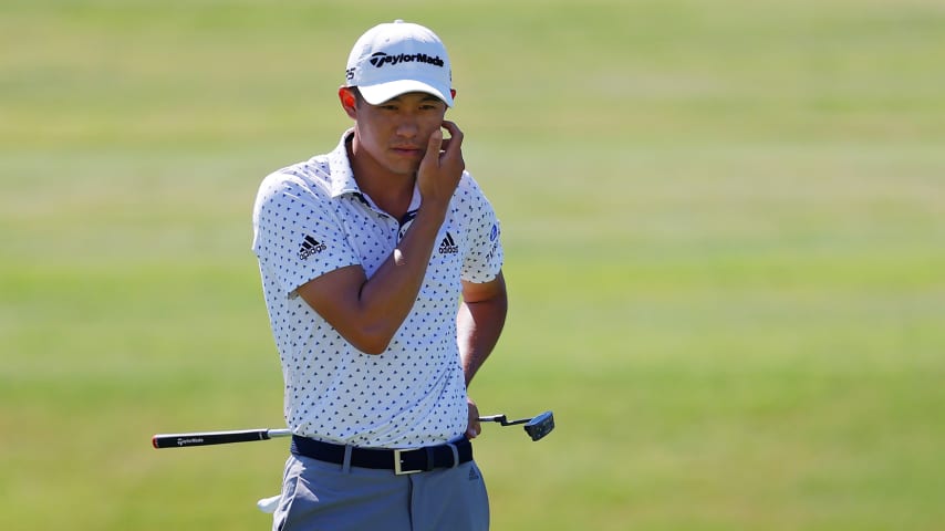 FORT WORTH, TEXAS - JUNE 14: Collin Morikawa of the United States reacts to a missed putt on the 18th green during the final round of the Charles Schwab Challenge on June 14, 2020 at Colonial Country Club in Fort Worth, Texas. (Photo by Ronald Martinez/Getty Images)