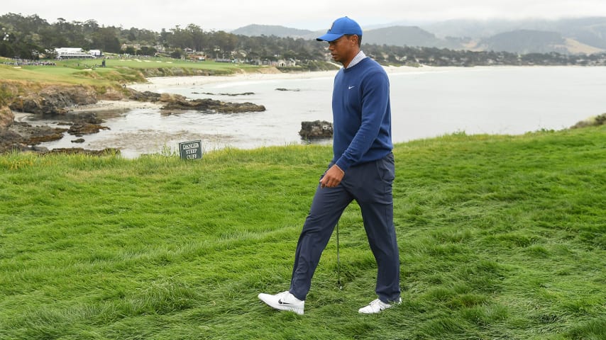 PEBBLE BEACH, CALIFORNIA - JUNE 14: Tiger Woods of the United States walks off the eighth hole during the second round of the 2019 U.S. Open at Pebble Beach Golf Links on June 14, 2019 in Pebble Beach, California. (Photo by Ross Kinnaird/Getty Images)