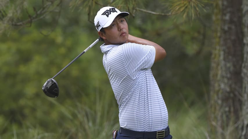 PONTE VEDRA BEACH, FLORIDA - JUNE 13: KK Limbhasut plays a tee shot on the first hole during the third round at the Korn Ferry Tour's Korn Ferry Challenge at TPC Sawgrass at Dyes Valley Course on June 13, 2020 in Ponte Vedra Beach, Florida. (Photo by Stan Badz/PGA TOUR via Getty Images )