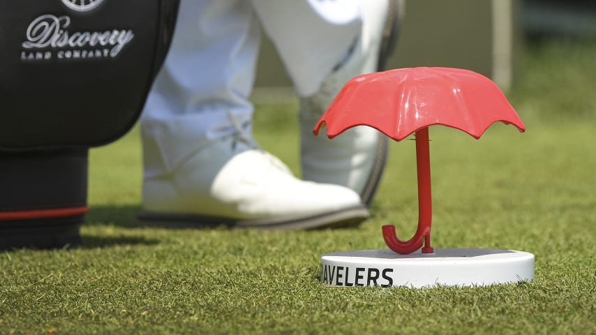 CROMWELL, CT - JUNE 23: A view of a tee box marker on the first hole during the final round of the Travelers Championship at TPC River Highlands on June 23, 2019 in Cromwell, Connecticut. (Photo by Stan Badz/PGA TOUR via Getty Images)