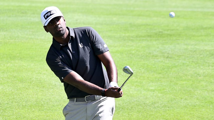 CROMWELL, CONNECTICUT - JUNE 24: Sahith Theegala of the United States takes a shot on the 15th during a practice session of the Travelers Championship on June 24, 2020 at the TPC River Highlands in Cromwell, Connecticut. (Photo by Elsa/Getty Images)