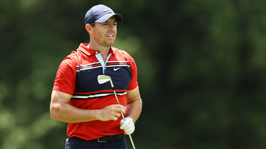 CROMWELL, CONNECTICUT - JUNE 28: Rory McIlroy of Northern Ireland reacts to his shot from the fifth tee during the final round of the Travelers Championship at TPC River Highlands on June 28, 2020 in Cromwell, Connecticut. (Photo by Elsa/Getty Images)