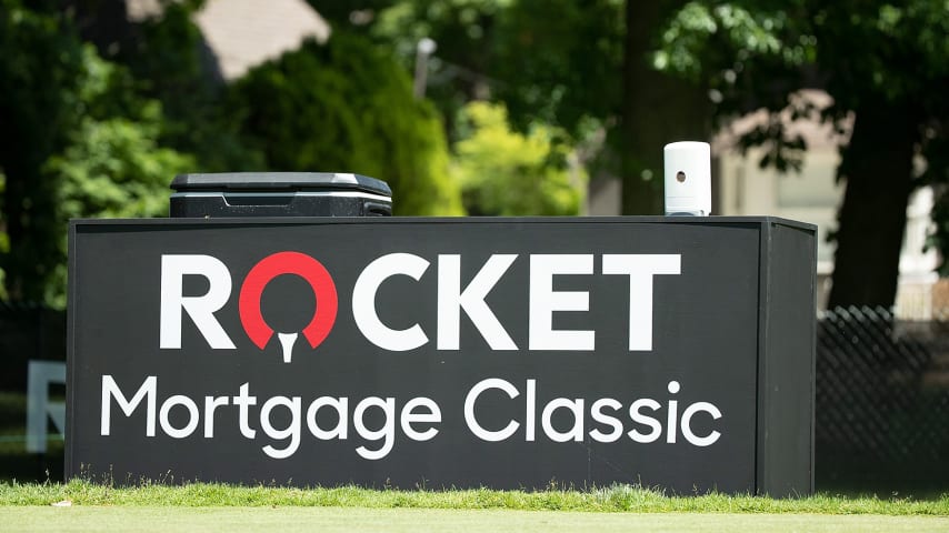 DETROIT, MI - JUNE 30: A general view of the #10 tee box with portable hand sanitizer available at the #12 hole at the Detroit Golf Club during the practice session for the Rocket Mortgage Classic on June 30, 2020 in Detroit, Michigan. (Photo by Leon Halip/Getty Images)