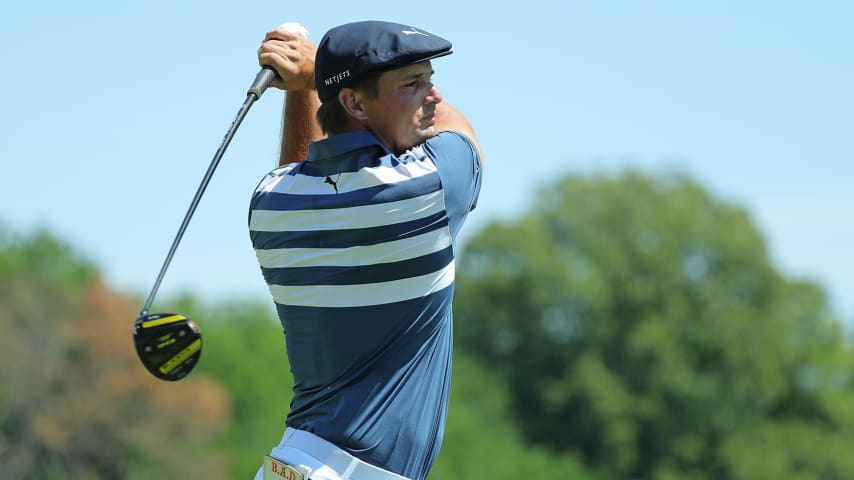 DETROIT, MICHIGAN - JULY 05: Bryson DeChambeau of the United States plays a shot during the final round of the Rocket Mortgage Classic on July 05, 2020 at the Detroit Golf Club in Detroit, Michigan. (Photo by Leon Halip/Getty Images)