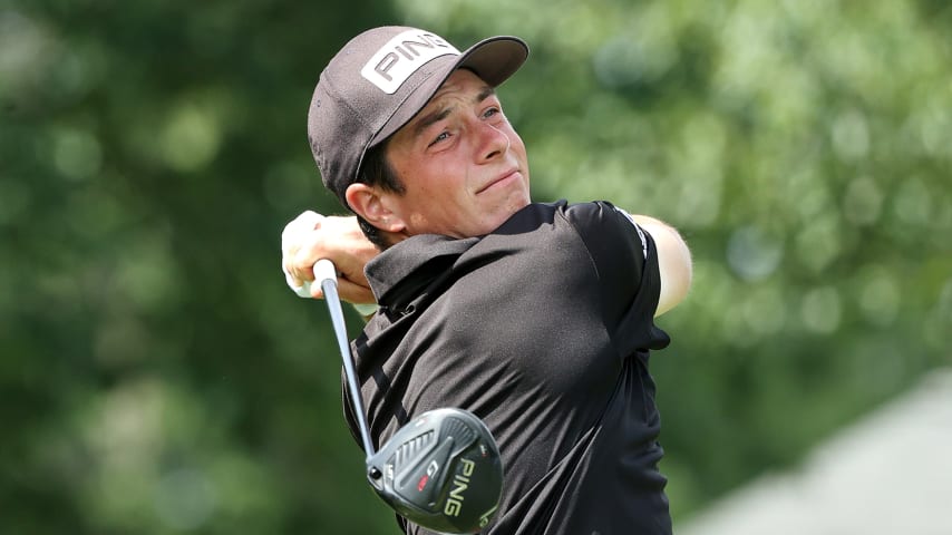 CROMWELL, CONNECTICUT - JUNE 27: Viktor Hovland of Norway plays his shot from the seventh tee during the third round of the Travelers Championship at TPC River Highlands on June 27, 2020 in Cromwell, Connecticut. (Photo by Maddie Meyer/Getty Images)