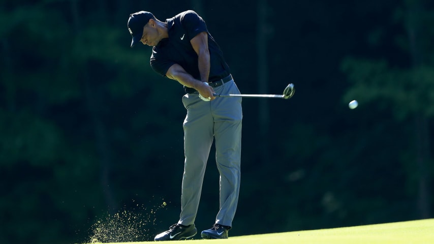 DUBLIN, OHIO - JULY 14: Tiger Woods plays a shot during a practice round prior to The Memorial Tournament at Muirfield Village Golf Club on July 14, 2020 in Dublin, Ohio. (Photo by Sam Greenwood/Getty Images)