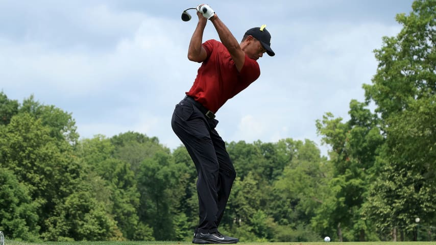 DUBLIN, OHIO - JULY 19: Tiger Woods of the United States plays his shot from the fifth tee during the final round of The Memorial Tournament on July 19, 2020 at Muirfield Village Golf Club in Dublin, Ohio. (Photo by Sam Greenwood/Getty Images)