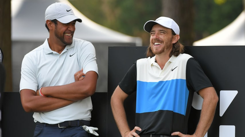 CHIBA, JAPAN - OCTOBER 26: Tony Finau and Tommy Fleetwood of England laugh together while waiting to hit on the 14th tee box during the second round of The ZOZO Championship at Accordia Golf Narashino Country Club on October 26, 2019 in Chiba, Japan. (Photo by Ben Jared/PGA TOUR via Getty Images)