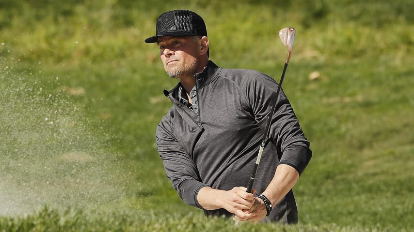 PEBBLE BEACH, CALIFORNIA - FEBRUARY 05: Actor Josh Duhamel plays a shot from a bunker on the first hole during the 3M Celebrity Challenge prior to the AT&T Pebble Beach Pro-Am at Pebble Beach Golf Links on February 05, 2020 in Pebble Beach, California. (Photo by Michael Reaves/Getty Images)