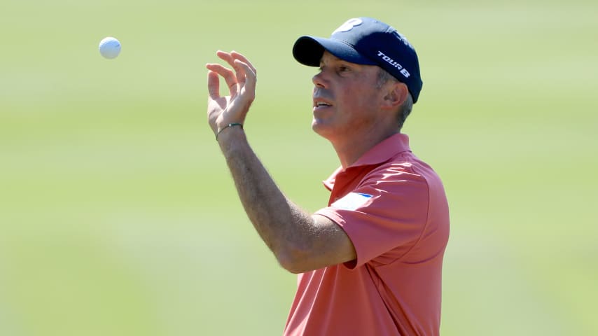 PONTE VEDRA BEACH, FLORIDA - MARCH 12: Matt Kuchar catches a ball during the first round of The PLAYERS at the TPC Stadium course on March 12, 2020 in Ponte Vedra Beach, Florida. (Photo by Sam Greenwood/Getty Images)