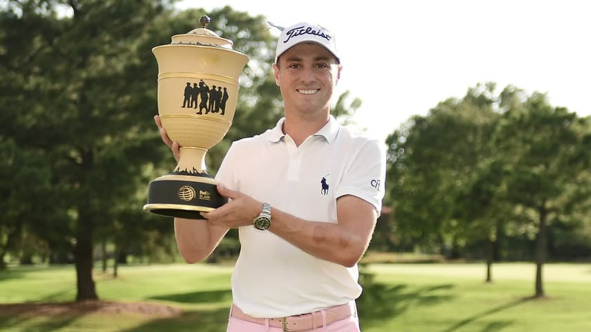 MEMPHIS, TENNESSEE - AUGUST 02:  Justin Thomas of the United States poses with the trophy after winning the World Golf Championship FedEx St Jude Invitational at TPC Southwind on August 02, 2020 in Memphis, Tennessee. (Photo by Stacy Revere/Getty Images)