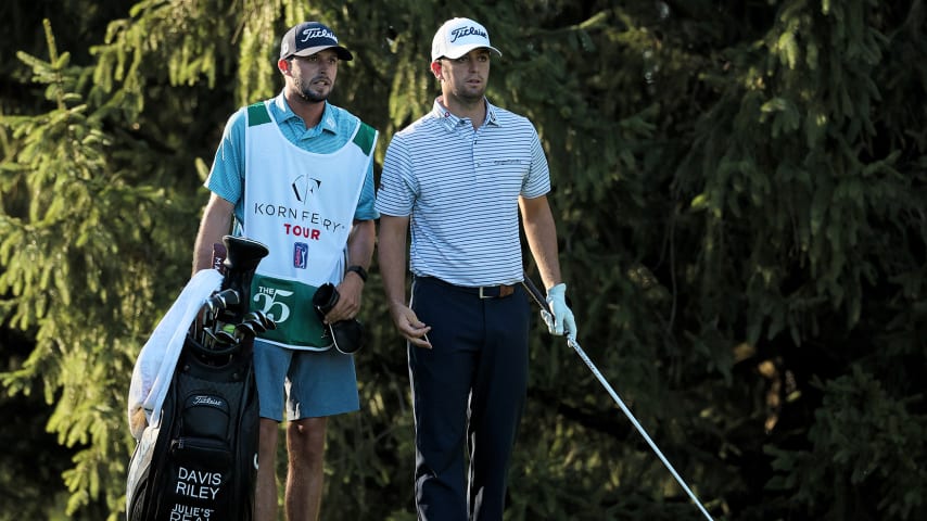 SPRINGFIELD, MISSOURI - JULY 25: Davis Riley and his caddie line up a shot on the second tee during the Third Round of the Price Cutter Charity Championship at the Highland Springs Country Club on July 25, 2020 in Springfield, Missouri. (Photo by Dylan Buell/Getty Images)