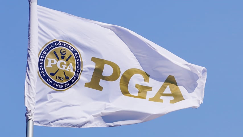 ST LOUIS, MO - AUGUST 11:  A general view of a PGA of America and PGA Championship flag blow in the breeze during the third round of the 2018 PGA Championship at Bellerive Country Club on August 11, 2018 in St Louis, Missouri.  (Photo by Stuart Franklin/Getty Images)