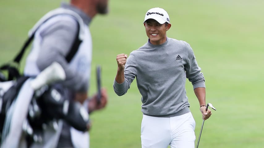 SAN FRANCISCO, CALIFORNIA - AUGUST 09: Collin Morikawa of the United States celebrates chipping in for birdie on the 14th hole during the final round of the 2020 PGA Championship at TPC Harding Park on August 09, 2020 in San Francisco, California. (Photo by Sean M. Haffey/Getty Images)