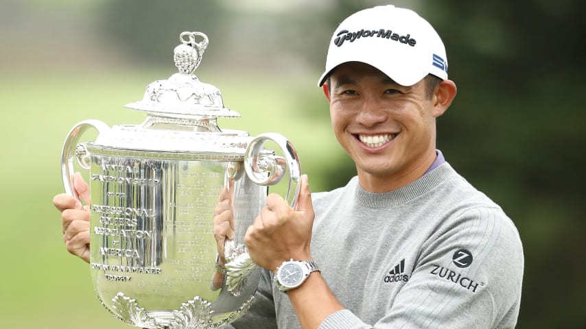 SAN FRANCISCO, CALIFORNIA - AUGUST 09: Collin Morikawa of the United States celebrates with the Wanamaker Trophy after winning during the final round of the 2020 PGA Championship at TPC Harding Park on August 09, 2020 in San Francisco, California. (Photo by Ezra Shaw/Getty Images)