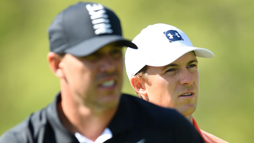 FARMINGDALE, NEW YORK - MAY 18: Jordan Spieth of the United States and Brooks Koepka of the United States walk from the sixth tee during the third round of the 2019 PGA Championship at the Bethpage Black course on May 18, 2019 in Farmingdale, New York. (Photo by Stuart Franklin/Getty Images)