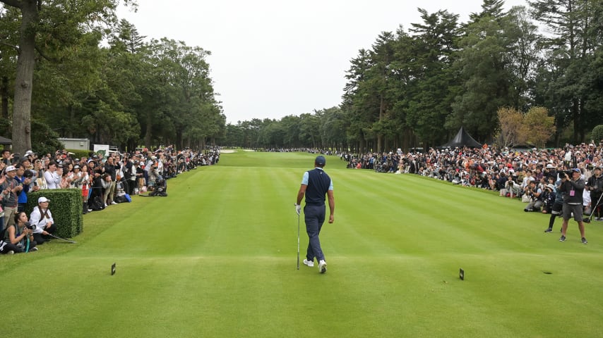 CHIBA, JAPAN - OCTOBER 21: Tiger Woods walks after his drive on the first tee box during the MGM Resorts The Challenge: Japan Skins at Accordia Golf Narashino Country Club on October 21, 2019 in Chiba, Japan. (Photo by Ben Jared/PGA TOUR via Getty Images)