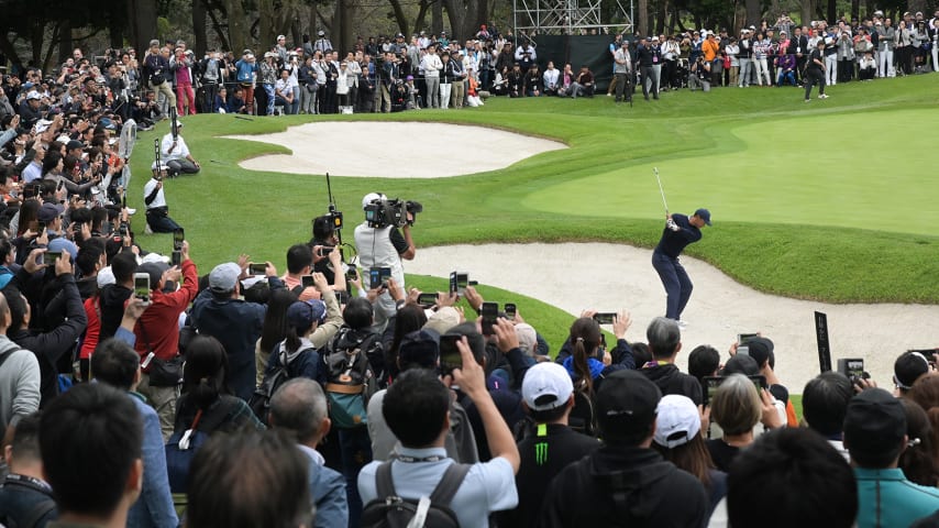 CHIBA, JAPAN - OCTOBER 21: Tiger Woods swings in a bunker by the sixth green during the MGM Resorts The Challenge: Japan Skins at Accordia Golf Narashino Country Club on October 21, 2019 in Chiba, Japan. (Photo by Ben Jared/PGA TOUR via Getty Images)