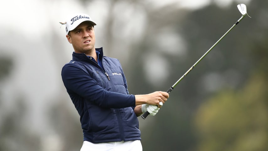SAN FRANCISCO, CALIFORNIA - AUGUST 06: Justin Thomas of the United States plays a second shot on the 12th hole during the first round of the 2020 PGA Championship at TPC Harding Park on August 06, 2020 in San Francisco, California. (Photo by Ezra Shaw/Getty Images)