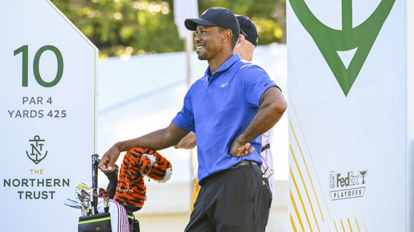 NORTON, MA - AUGUST 20:  Tiger Woods smiles on the 10th hole tee box during the first round of THE NORTHERN TRUST at TPC Boston on August 20, 2020 in Norton, Massachusetts. (Photo by Keyur Khamar/PGA TOUR via Getty Images)