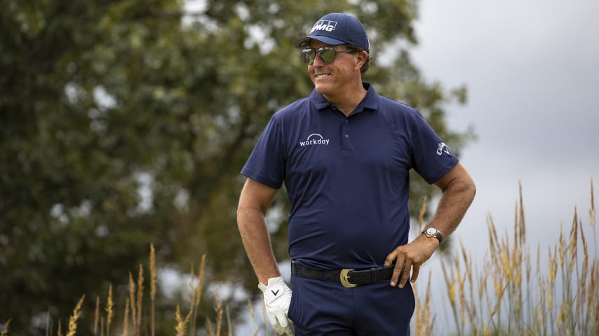 BRANSON, MO - AUGUST 26:  Phil Mickelson of the United States smiles while waiting on the seventh tee box during the final round of the Charles Schwab Series at Ozarks National on August 26, 2020 in Branson, Missouri. (Photo by Brett Carlsen/Getty Images)