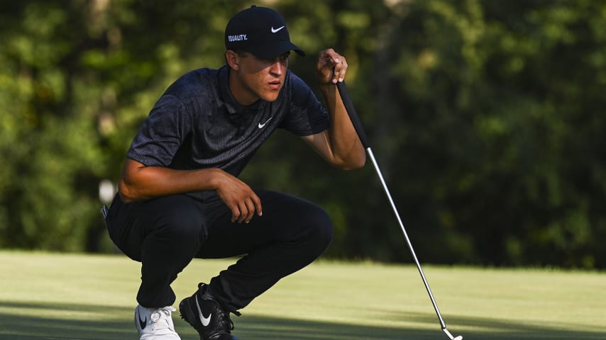 OLYMPIA FIELDS, IL - AUGUST 27:  Cameron Champ plays the fifth hole while wearing a Nike Equality hat and black and white Nike shoes featuring the text Breonna Taylor BLM (Black Lives Matter) during the first round of the BMW Championship on the North Course at Olympia Fields Country Club on August 27, 2020 in Olympia Fields, Illinois. (Photo by Keyur Khamar/PGA TOUR via Getty Images)