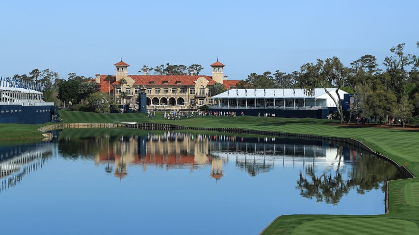 PONTE VEDRA BEACH, FLORIDA - MARCH 11: A general view of the 18th hole and the clubhouse are seen during a practice round prior to The PLAYERS Championship on The Stadium Course at TPC Sawgrass  on March 11, 2020 in Ponte Vedra Beach, Florida. (Photo by Sam Greenwood/Getty Images)