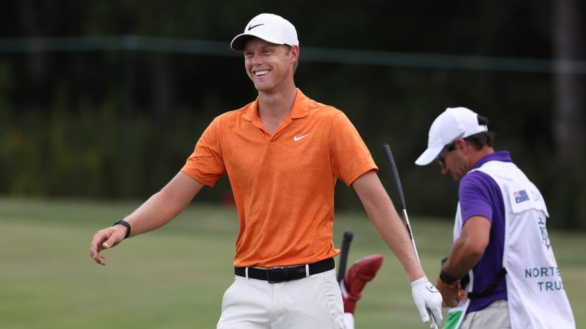 NORTON, MASSACHUSETTS - AUGUST 22: Cameron Davis of Australia reacts after playing a shot from a bunker on the second hole during the third round of The Northern Trust at TPC Boston on August 22, 2020 in Norton, Massachusetts. (Photo by Rob Carr/Getty Images)