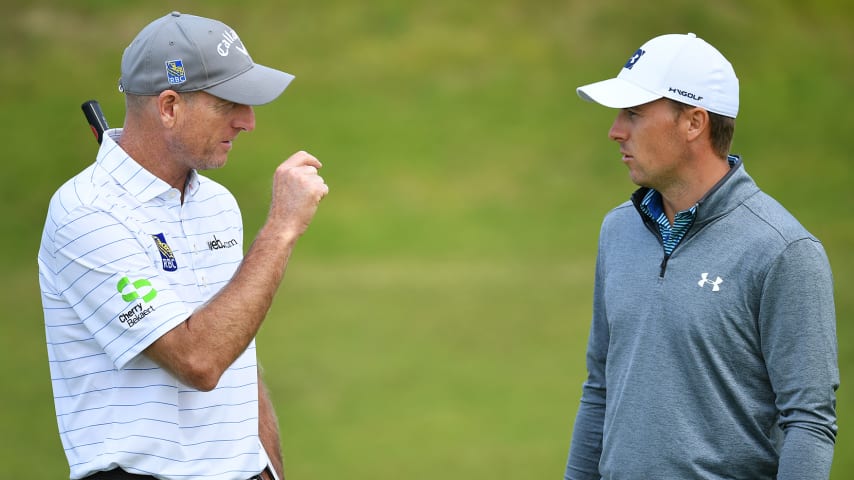 PORTRUSH, NORTHERN IRELAND - JULY 15: Jim Furyk of the United States and Jordan Spieth of the United States talk during a practice round prior to the 148th Open Championship held on the Dunluce Links at Royal Portrush Golf Club on July 15, 2019 in Portrush, United Kingdom. (Photo by Stuart Franklin/Getty Images)