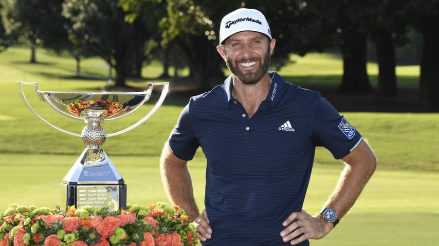 ATLANTA, GA - SEPTEMBER 07: Dustin Johnson poses with the FedExCup after winning the TOUR Championship at East Lake Golf Club on September 7, 2020 in Atlanta, Georgia. (Photo by Chris Condon/PGA TOUR Via Getty Images)